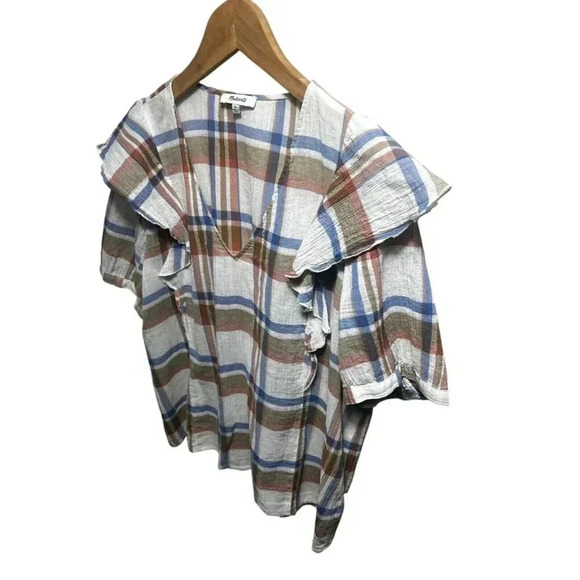 Madewell V-Neck Shoulder-Ruffle Top XL Plaid Cotton Lightweight Summer - Picture 6 of 12